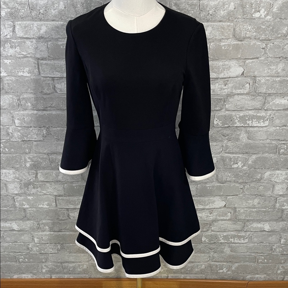 Eliza J Black and White Tiered Ponte Knit Dress with Bell Sleeve